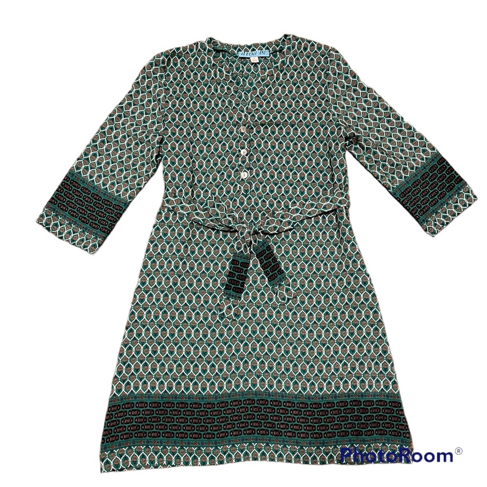 AINA BE Francesca’s Green Print Self-Tie 3/4 Sleeve Shirt Short Dress, Women's S